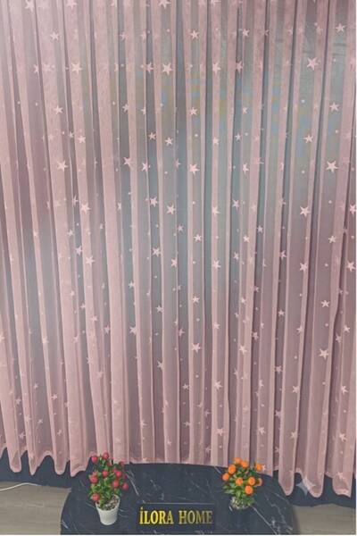 ilora home Pembe Yıldız model çocuk ve bebek odası örme tül perde 1/3 kat sık...