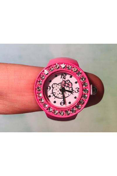 Hello Kitty Ring Watch with Round Rhinestone Stone and Cat Face