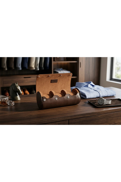Dorvina Premium Brown Leather 3-Roll Watch Box |   Luxury Travel Type Watch C...