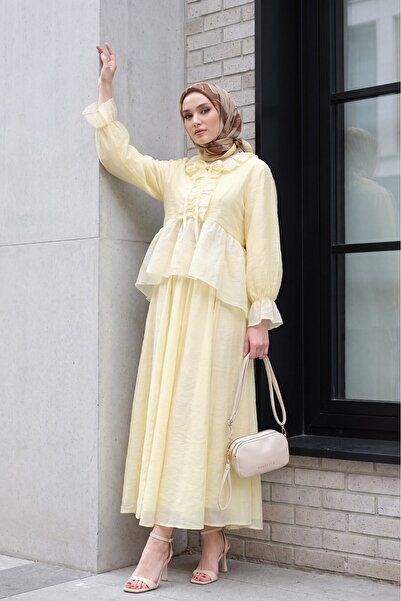 Modamorfo Asymmetrical Tulle Voile Set with Tie-Neck, Elastic Sleeves, Ruffle...