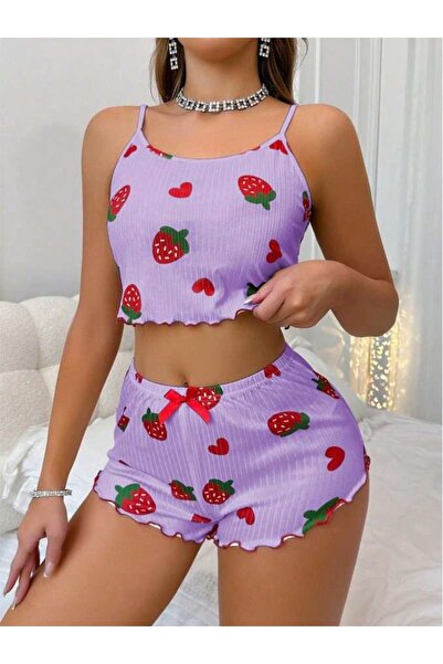 Viselya Strawberry Patterned Strap Shorts Pajama Set
