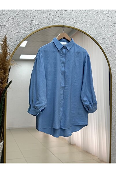 Holehola Nurcan Cupra Hidden Patch Sleeve Gathered Shirt-Na771 Blue