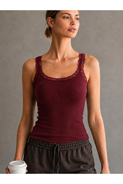 dont quıt Women's Burgundy Thick Strap Lace Micro Modal Ribbed Camisole Under...