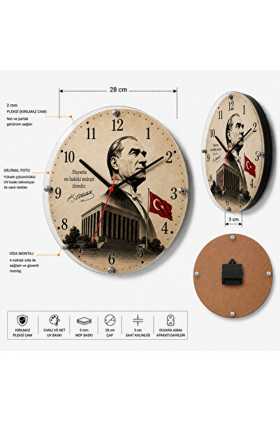 AtaStore Atatürk Temalı Duvar Saati | Türk Bayraklı Dekoratif Saat | 5 Mm MDF...