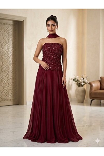 ranin Evening Dress Embellished with Chiffon Embroidery Double Cloche Burgundy