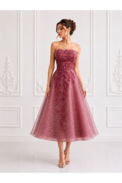 ranin Dark Pink Evening Gown with Beaded Embroidery and Double Lace Cowl Skir...