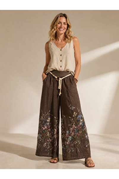 Punta Otantik Yg2017 Italian Raw Linen Belted Wide Leg Pants Coffee