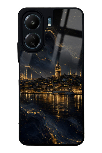 Spoyi Xiaomi Redmi 13C Golden Galata Night Tasarımlı Glossy Telefon Kılıfı