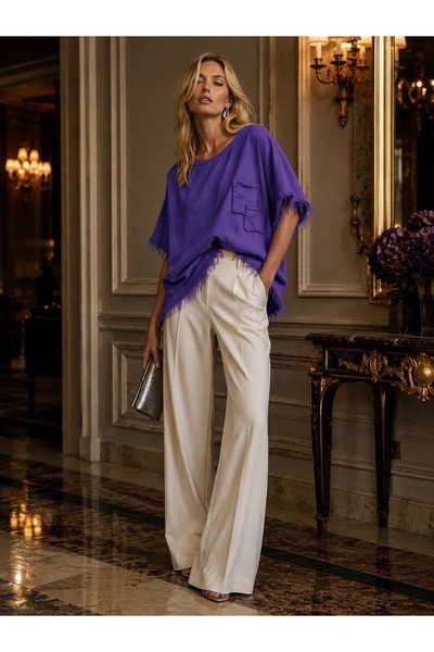 Punta Otantik Pts25073 Cotton Blouse with Tassels on Sleeves and Hem Purple