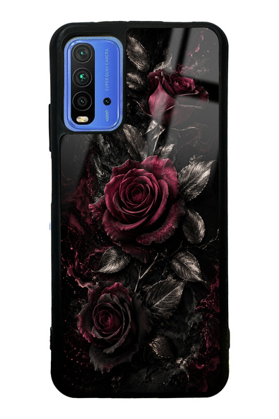 Spoyi Xiaomi Redmi 9T Obsidian Burgundy Roses Tasarımlı Glossy Telefon Kılıfı