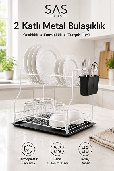 Sas Haus 2 Katlı Metal Bulaşıklık Kaşıklıklı ve Damlalıklı Tezgâh Üstü Bulaşı...