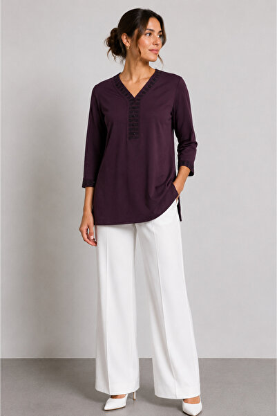 bihan store Women's V-Neck Blouse with Front Stripes and Stone Detail Y26-214...