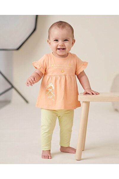 VOY KİDS Baby Girl Floral Printed Orange Blouse with Green Capri Leggings 3-6...