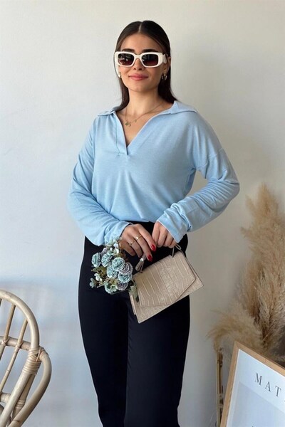 Moda4x4 ملابس نسائية بلوزة كتان ذات ياقة بولو باللون الأزرق الفاتح، بأكمام طو...