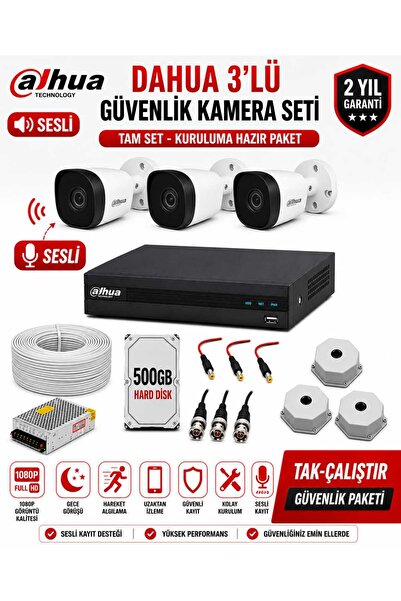 DAHUA 3'Lü Sesli Güvenlik Kamera Seti - 500 GB HDD - 12 Gün Kayıt