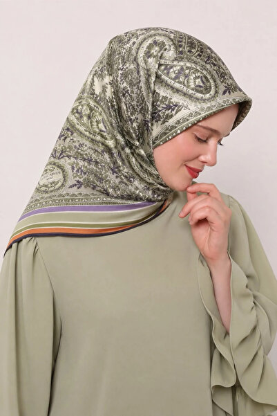 Lesscarves Cotton Silk Scarf Ethnic Patterned Ls2205 04-Light Mink-Green-Cream