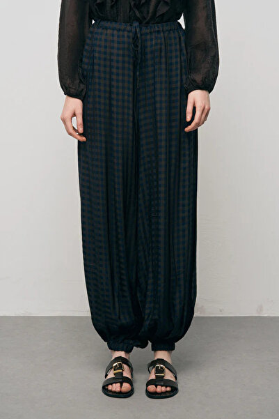 Orfeo Negro Navy Blue Black Plaid Patterned Elastic Leg Shalwar Trousers