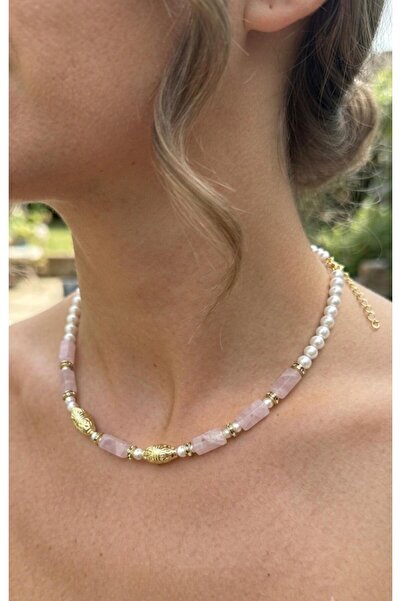 alysa jewelry Women's Beaded Pearl Detailed Pink Pearlescent Necklace