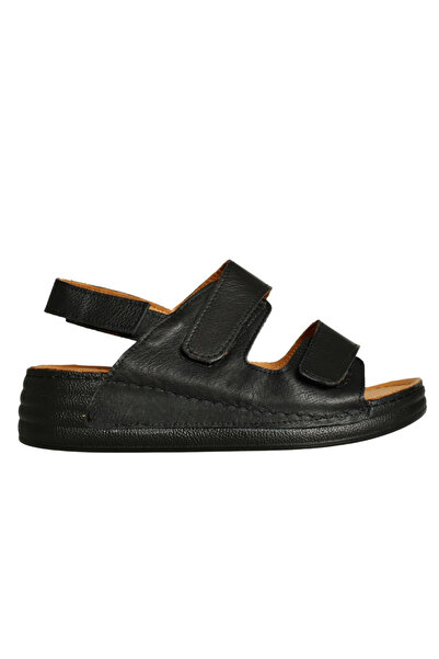 Platin Black Leather Wedge Heel Women's Sandals