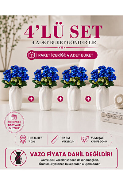 MD Aspiz Flowers 4 باقات من الزهور الاصطناعية، باقة من 7 ورود مخملية زرقاء فا...