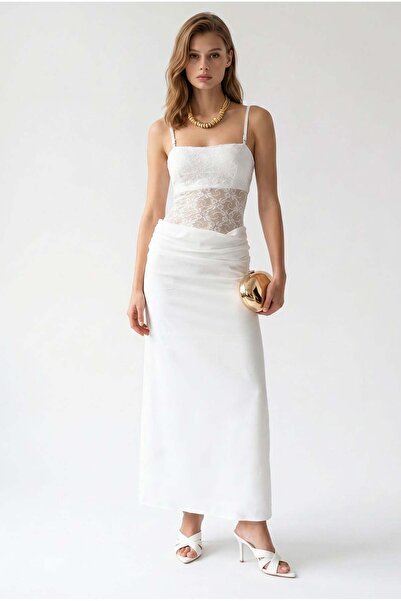 Mixray 2147 Women's Transparent Lace Strap Long Satin Dress White