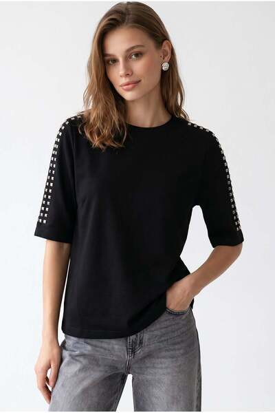 Mixray 2166 Women's Stone Detailed Crew Neck Short Sleeve Blouse Black