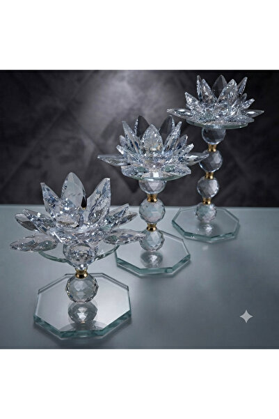 HİLALKRİSTAL LÜKS KRİSTAL LOTUS 3 LÜ MUMLUK SET (GOLD DETAYLI )