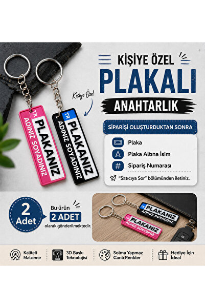 EMAS DESİGN Kişiye Özel Plakalı pembe ve klasik Anahtarlık Seti – 2’li 3D Bas...