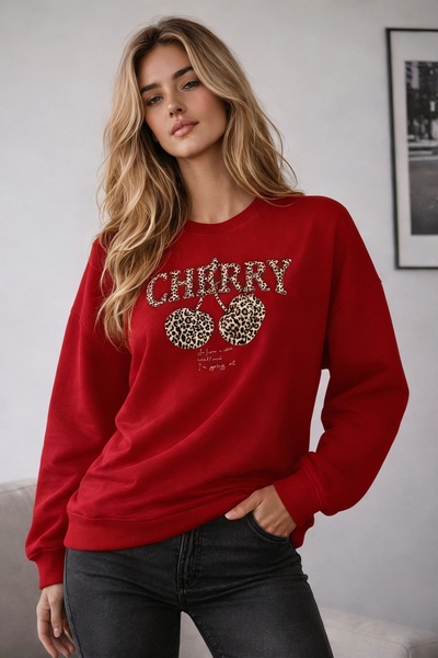 caddekombin Women's Leopard Cherry Cherry Printed Round Neck Long Sleeve Swea...