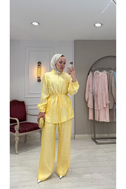 Jupe Kadın Bambu Kumaş Kuşak Detaylı Astarlı Pantolon İkili Takım 8649