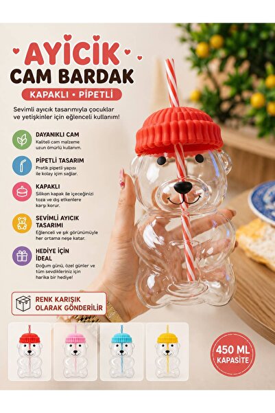 Acarlar Ticaret 600 ML Ayıcık Figürlü Pipetli Soğuk İçecek ve Kokteyl Bardağı
