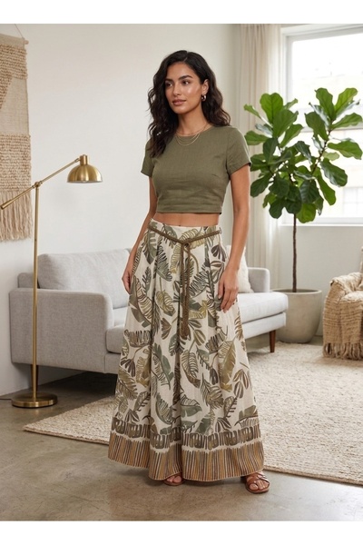 YILDIRIM GÜNGÖR 100% Cotton Long Skirt with Belt and Pattern