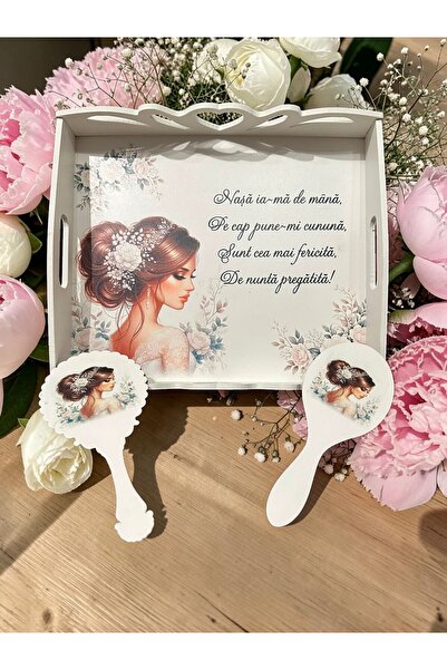 OEM Set Tavă Gătitul Miresei, din Lemn, Albă, Model Mireasă cu Flori Crem, Decor și Accesoriu Nuntă, 3 piese