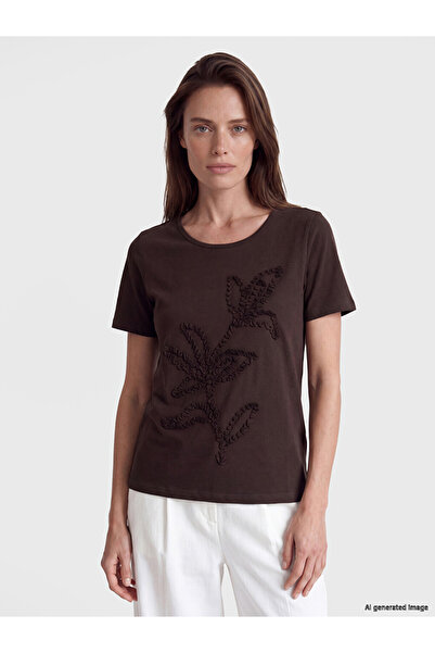 LC Waikiki Lcw Grace Brown Embroidered 100% Cotton Women's T-Shirt