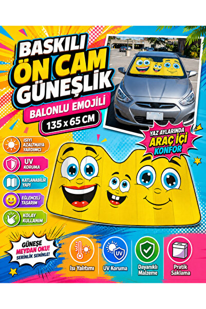 YMÇ DETAILING & AUTOMOTIVE Printed Windshield Sunshade with Balloons and Emoj...