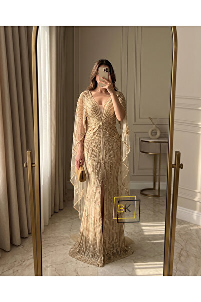 Generic Luxury Evening Dress Full of Gold Butterfly Design with Draped Cape a...