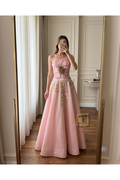 Generic 3D Floral Design and Colorful Spring Applique Embroidery Evening Dres...