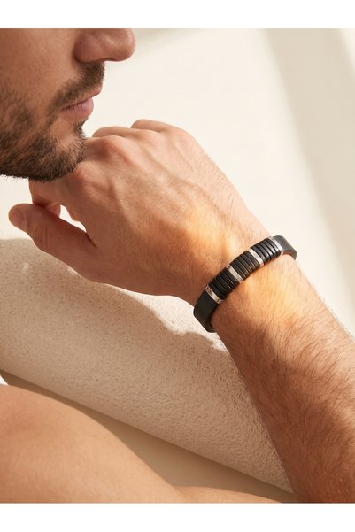Parmas Design Black Leather Wrapped and Titanium Lock Men's Gift Bracelet 01877