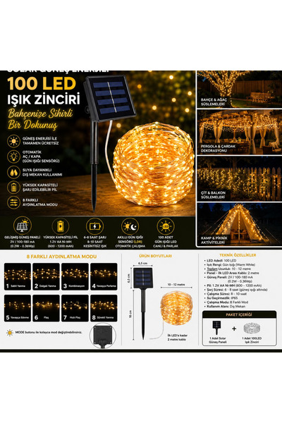 evimdeyokyok Solar 100 LED Gün Işığı Peri Led Işık Zinciri Bahçe ve Balkon Ay...