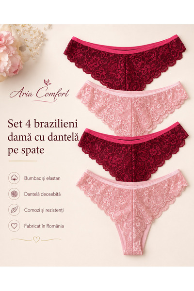 Aria Comfort Σετ 4 Βραζιλιάνικα Σλιπ με Δαντέλα – Βαμβακερά, (Κόκκινο και Ροζ...