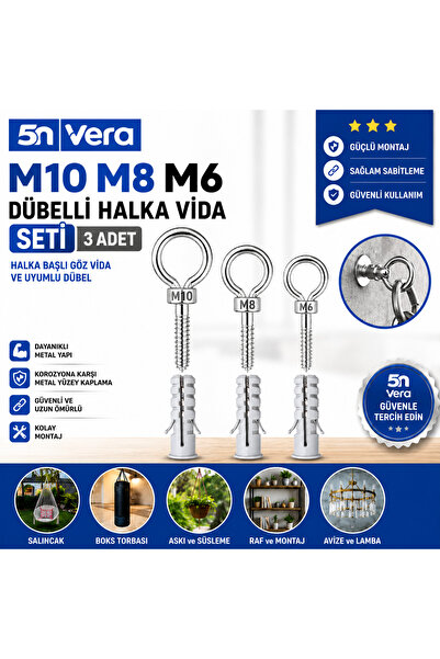 5NVERA 5N VERA M6 M8 M10 Dübelli Halka Vida Seti 3 Adet | Halka Başlı Göz Vid...