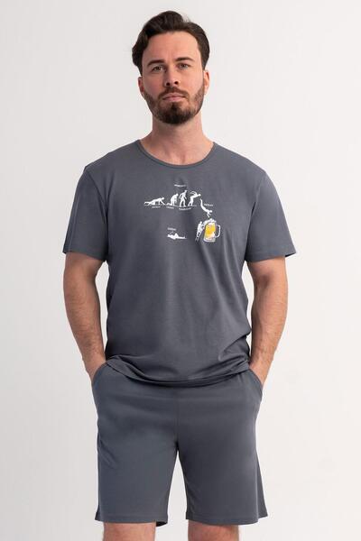 VİENETTA Erkek Kısa Kollu Şortlu Füme Pijama Takımı C6T1N1106