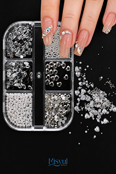 Misyul Tırnak Süsleme İnci ve Kristal Taş Charm Seti 6'lı Nail Art Tırnak Süs...