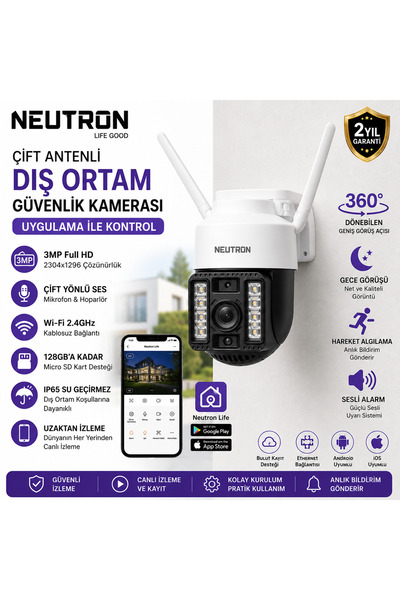 NEUTRON 360° PTZ Wi-Fi IP Dış Ortam Güvenlik Kamerası 3 MP Full HD Gece Görüş...
