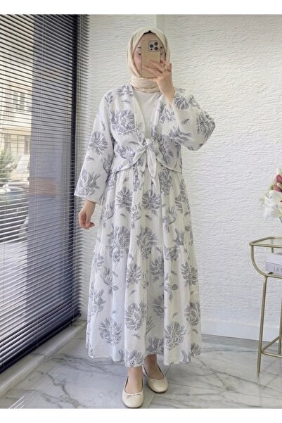 Bahar Altundemir Lina Patterned Tied Linen Fabric Double Hijab White Set