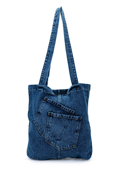 minebag Cross Patch Pocket Detailed Denim Women's Shoulder Bag Doli Navy Blue