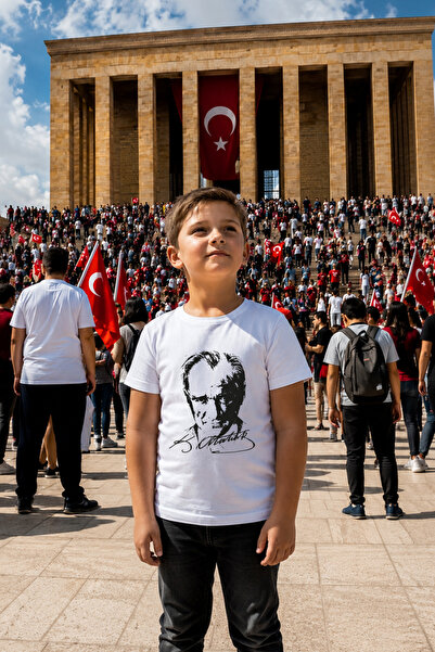 Zeycem Store Ataturk Portrait Signature Pattern Printed Children's Unisex Whi...
