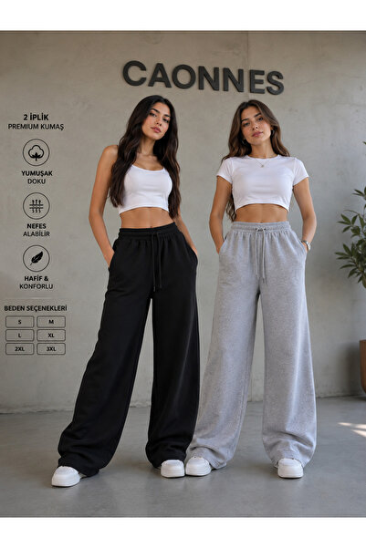 CAONNES 2-Piece Women's Sweatpants (Black-Grey) Oversize Baggy Loose Legs