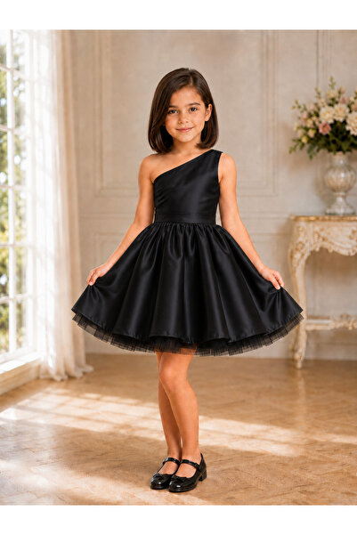 MadyaButik Girl's Black One-Shoulder Bow Detailed Short Satin Dress
