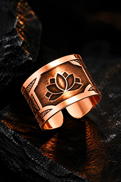 OSMANLI GÜMÜŞ Men's Copper Ring Handmade with Lotus Flower of Life Motif Adju...